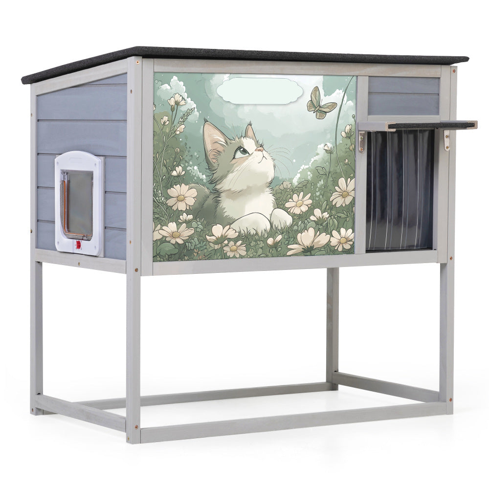 Weatherproof Outdoor Cat House, Elevated Feral Cat Shelter with High Legs, Curtained Door, Escape Door, Openable Top, Gray with Patterned Panel