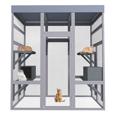 62.6" Wooden Outdoor Catio for Cats, Large Cat Enclosure with Waterproof Roof, 2 Napping House, Platforms & Rust-Proof Wire – Secure Pet Cage for Backyard or Patio