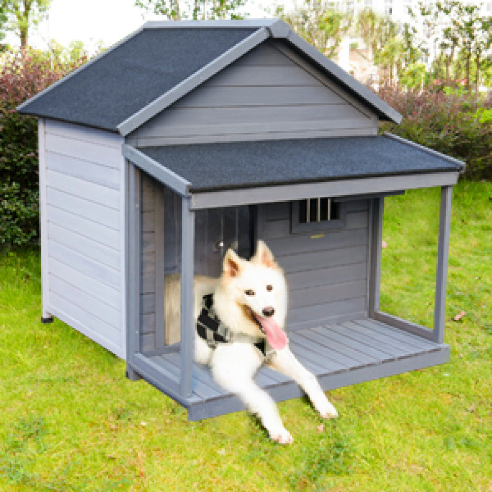 Large dog house, long 44.2" x wide 44.6" x high 44.6" Solid wood asphalt roof dog house with large terrace for large dogs, weatherproof large dog house (improved),Small wooden doors that can be locked