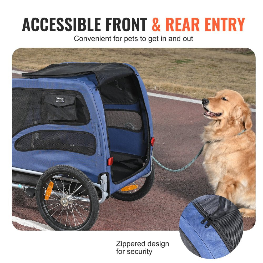 Dog Bike Trailer, Supports up to 100 lbs, Pet Cart Bicycle Carrier, Easy Folding Frame with Quick Release Wheels, Universal Bicycle Coupler, Reflectors, Flag, Collapsible to Store, Blue/Black