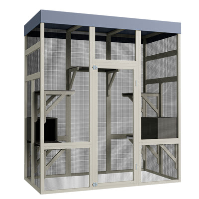62.6" Outdoor Wooden Catio for Cats, Large Cat Enclosure with Waterproof Roof, 2 Cat Houses & Platforms, Secure Rust-Proof Wire Pet Cage for Patio or Backyard