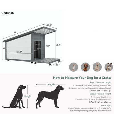 Outdoor Solid Wood Dog house, 15.8" H x 12.4" W Modern Style Design Waterproof Dog House With Food bowl for Small Dogs, 4 swivel wheels