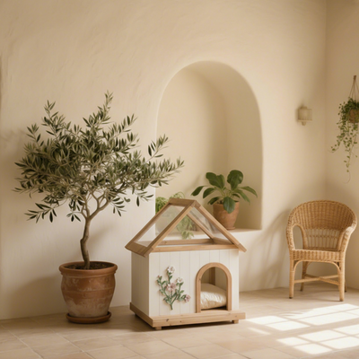 Transparent Roof Pet House with Floral Carving FSC-Certified Cedar Indoor Shelter for Cats & Small Dogs 24*22*32