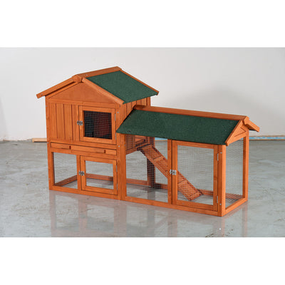Large Wooden Rabbit Hutch, 2-Story Outdoor Bunny Cage with Waterproof Asphalt Roof, Pull-Out Tray & Ramp, Fir Wood Pet House for Rabbits, Chickens, Guinea Pigs (Brown & Green)
