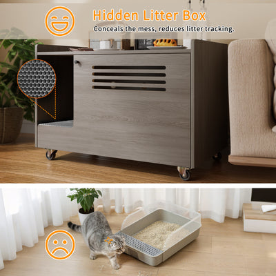 Gray Cat Litter Box Enclosure,Hidden Litter Box Furniture with top side fence,Wooden Pet House Side End Table, Storage Cabinet Bench for Living Room,,Bedroom, Fit Most of Litter Box