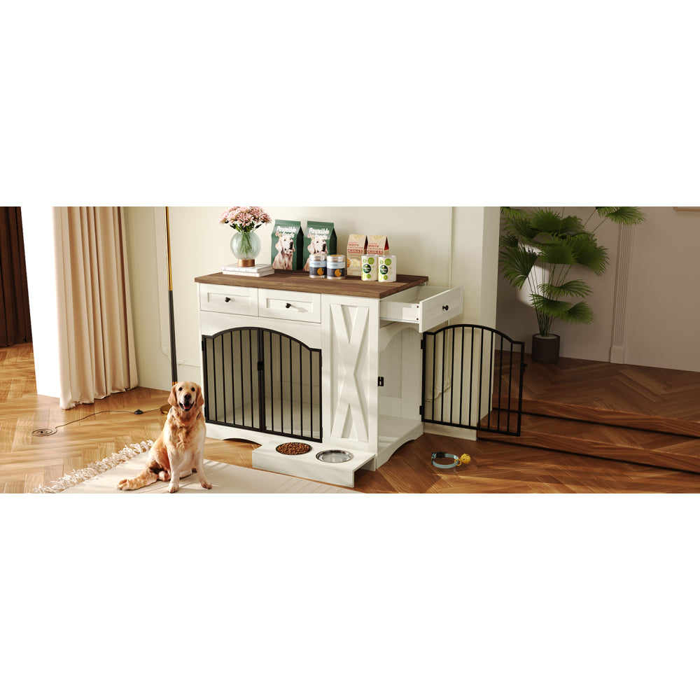 GO 43.3" Farmhouse Dog Crate Furniture, Heavy Duty Dog Crate with 3 Drawers, Indoor Wooden Dog Kennel with Removable Feeder, Dog Cage End Table for Medium Large Dogs, Beige and Brown