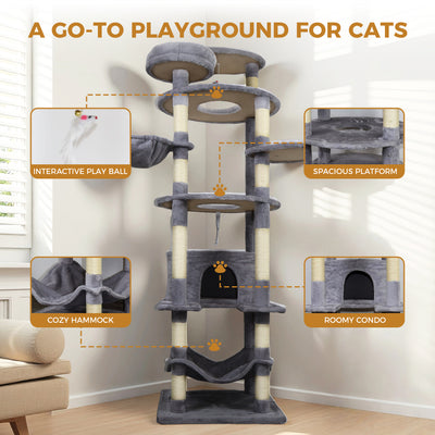 78.8 in Dark Gray Cat Tree Tower with Wide Base, Large Condo, 12 Sisal Scratching Post, Big Hammock, Large Top Platform, Many landing Perch and Interactive toy