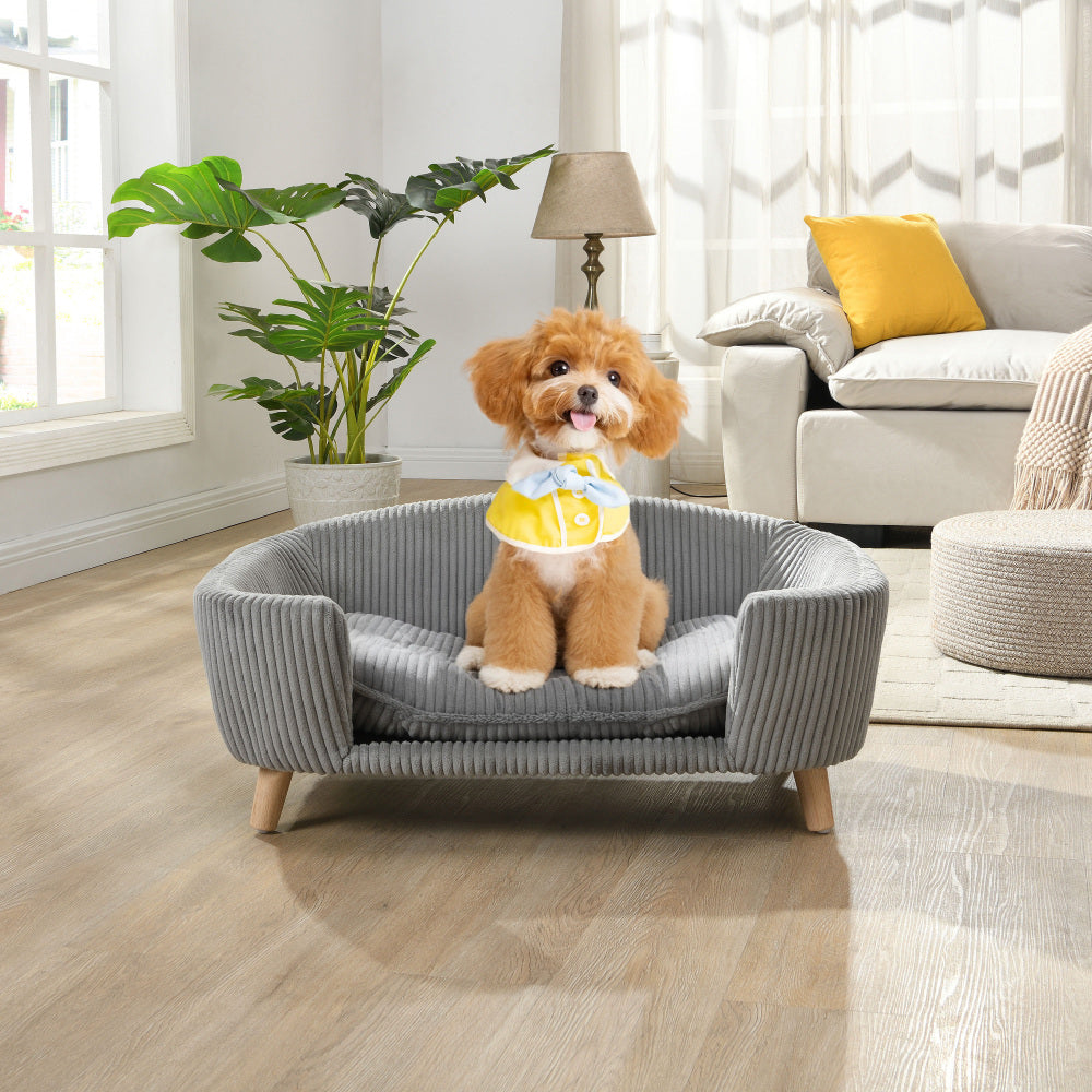 Elevated Dog Bed Frame for Small Dog, Corduroy Pet Couch Bed with Rubber Wood Legs and Supportive Foam, Beige, Easy Assembly