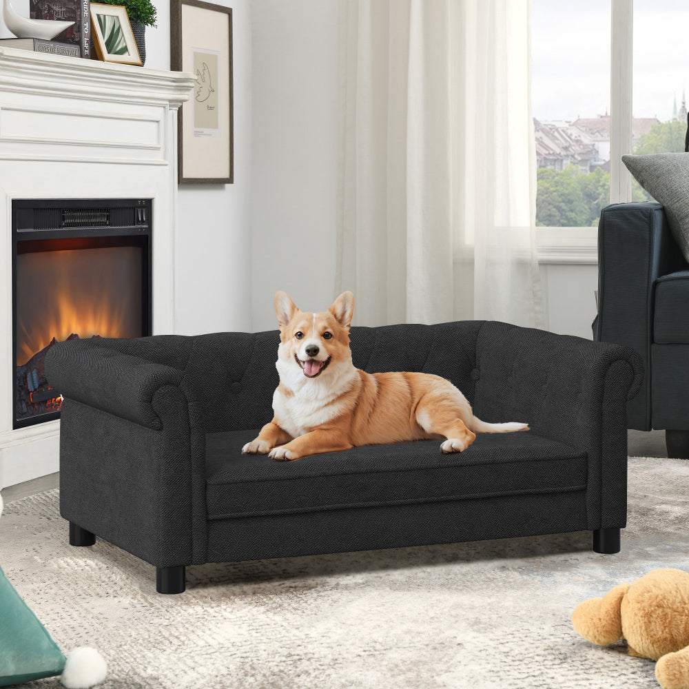 Elegant rectangular pet bed for small and medium-sized dogs, durable elevated dog sofa bed, comfortable dog sofa, modern and fashionable linen fabric dog sofa-Dark Brown