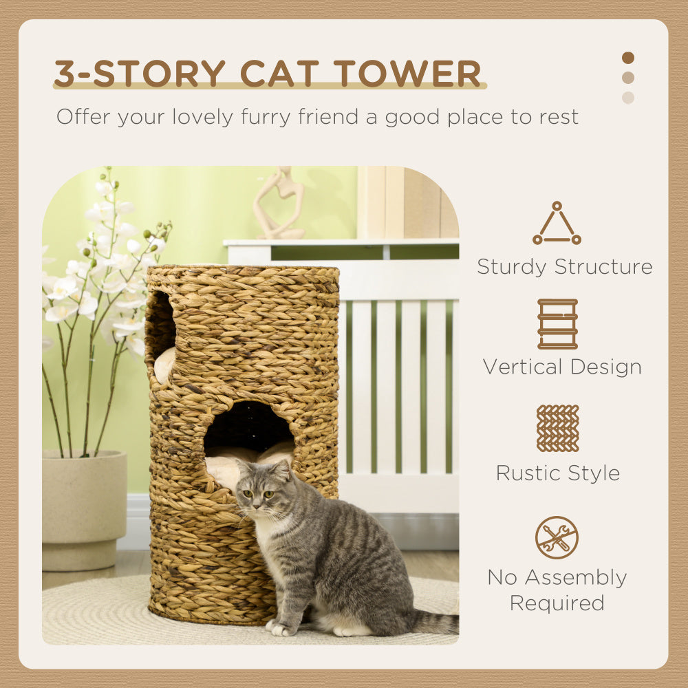 PawHut Elevated Cat Bed with Three Hideaways & Four Soft Plush Cushions, Cat Tower with Hand-Woven Materials, Multi-Layer Raised Kitten Bed Caves