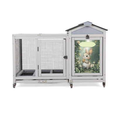 Wooden Rabbit Hutch, Indoor & Outdoor Small Animal House with Casters, Weatherproof Roof, Removable Tray, Bunny Cage Pet House for Rabbits, Ducks, Squirrels, and Guinea Pigs, Grey with Colorful Patter