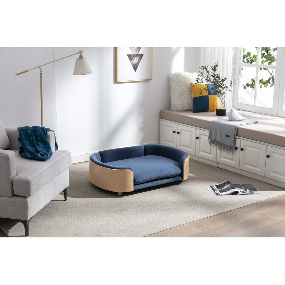 Scandinavian style Elevated Dog Bed Pet Sofa With Solid Wood legs and Walnut Bent Wood Back, Velvet Light Gray,Large Size