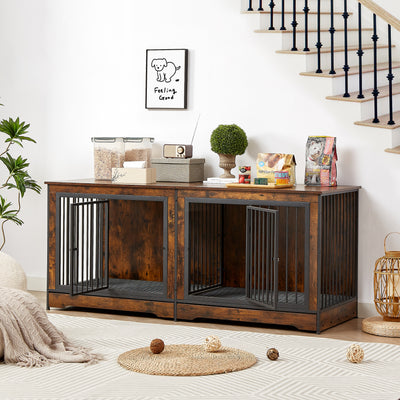 Super large dog crate furniture for two dogs with tray, TV stand. Rustic Brown, 75'' W x 26.4'' D x 32.3'' H.