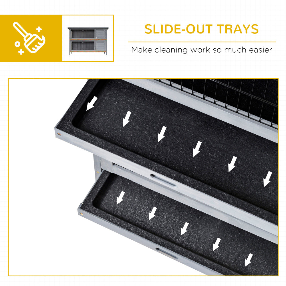 PawHut 54" 2-Story Large Rabbit Hutch Bunny Cage Wooden Pet House Small Animal Habitat with Lockable Doors, No Leak Tray and waterproof Roof for Outdoor/Indoor Grey