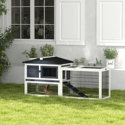 PawHut 2 Levels Outdoor Rabbit Hutch with Openable Top, 59" Wooden Large Rabbit Cage with Run Weatherproof Roof, Removable Tray, Ramp, Dark Gray