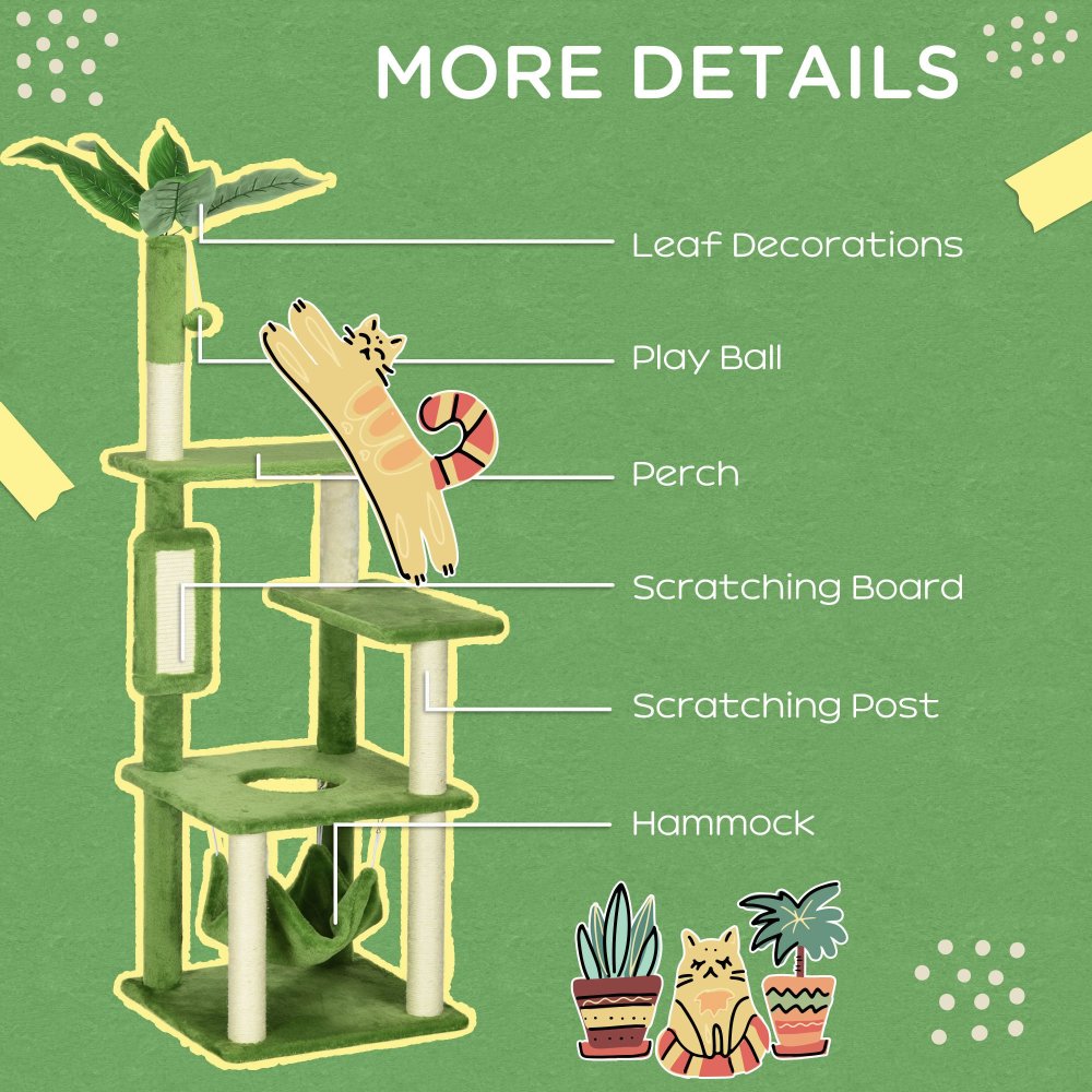 PawHut 56" Cat Tree for Indoor Cats with Hammock, Cat Tower with Scratching Post, Platforms, Play Ball and Anti-tipping Device, for Indoor Cats, Green