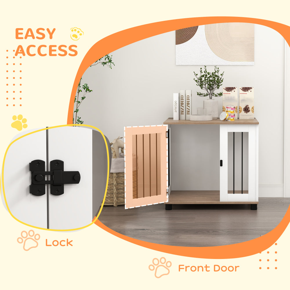 PawHut Dog Crate Furniture, Side Table Indoor Dog Kennel, End Table with Lockable Door for Small and Medium Dogs, Walnut Brown