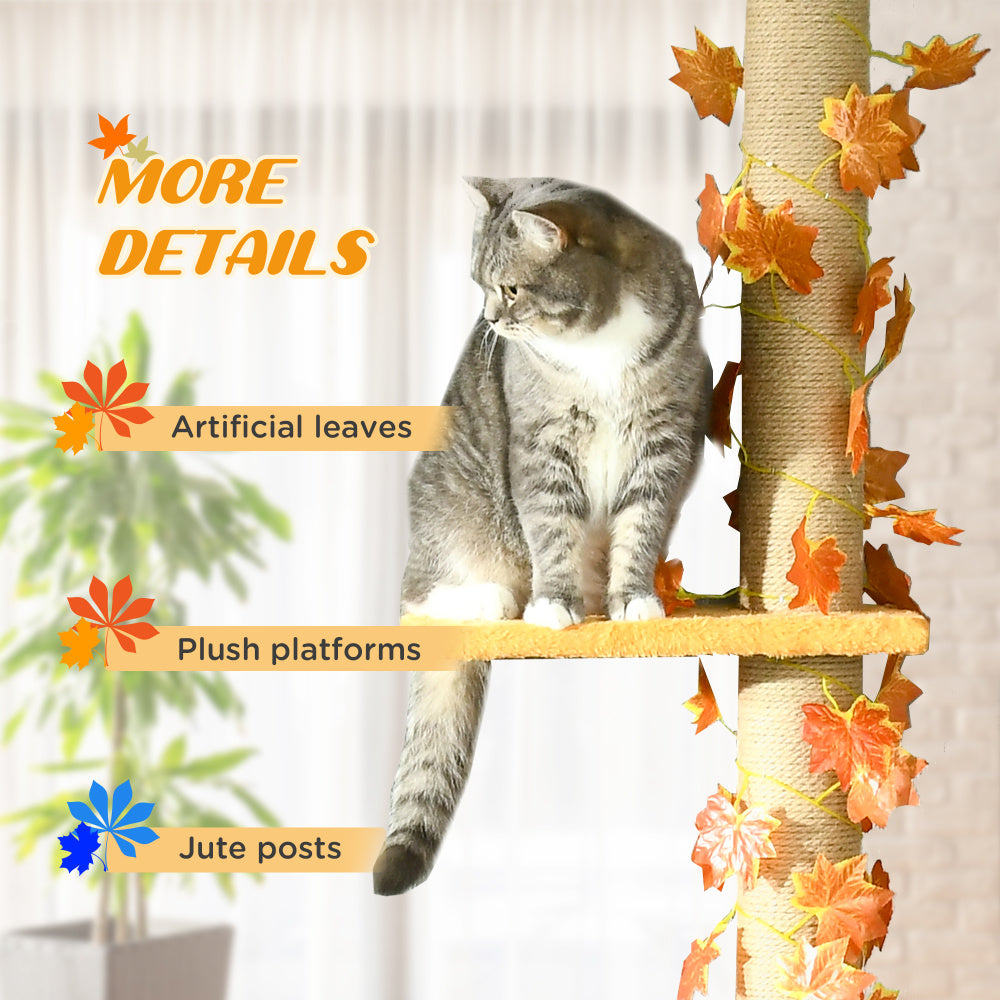 Pawhut Floor to Ceiling Cat Tree, 80" - 95" Adjustable Tall Cat Tower, 3-Level Cat Climbing Towe for Indoor Cats with Sisal Scratching Post, Platforms, Leaves, Orange