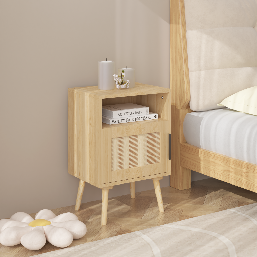 SunJet 22.83'' H Rattan Nightstand, Side Table with Door Open Shelf, Accent Bedside End Table with Solid Wood Legs for Bedroom, Dorm and Small Spaces, Oak