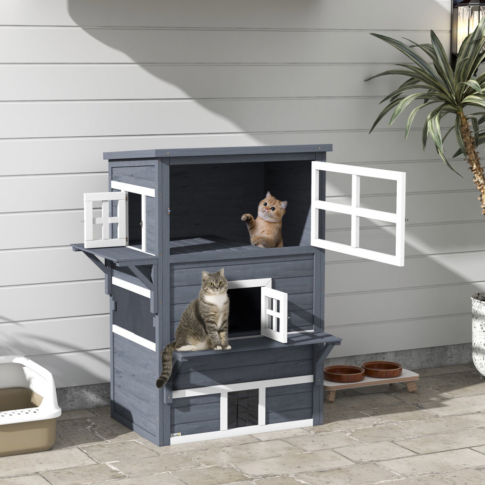 PawHut 3-Story Cat House Feral Cat Shelter, Outdoor Kitten Condo with Raised Floor, Asphalt Roof, Escape Doors, Jumping Platforms, Dark Gray