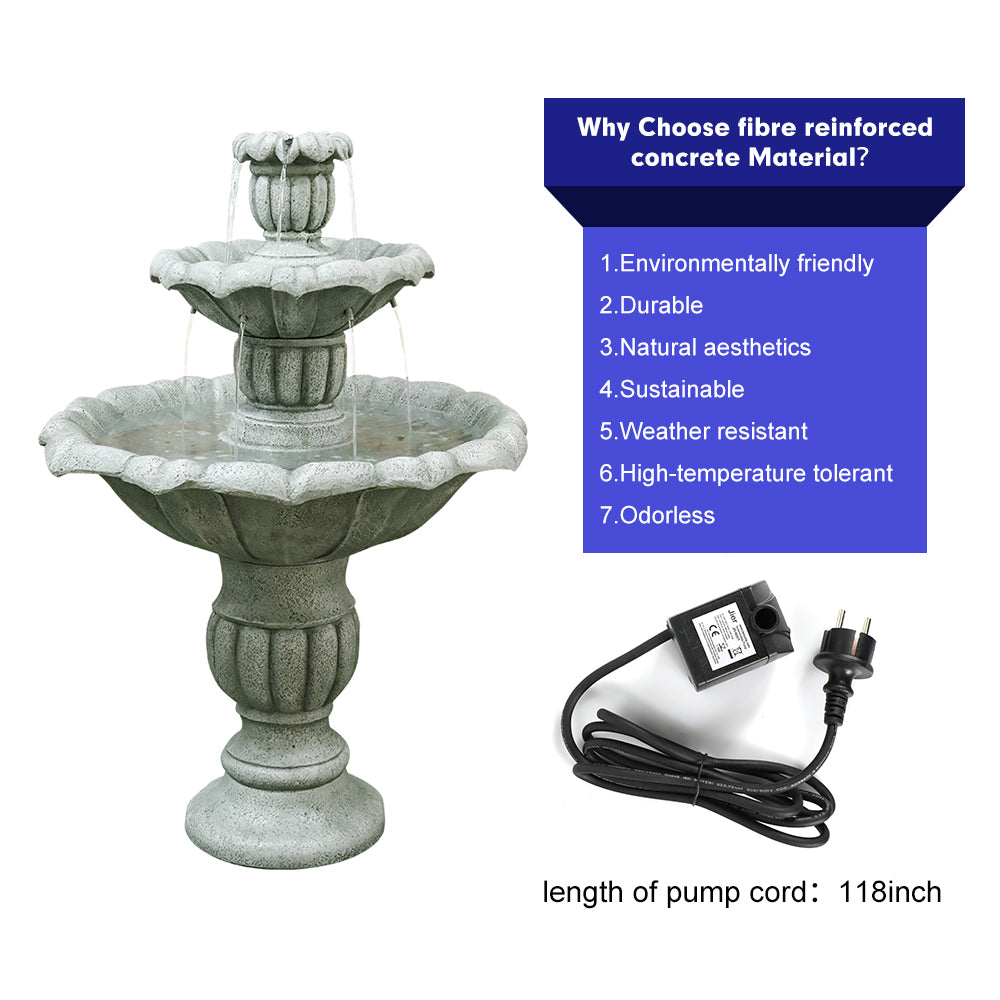 39.3”H Birdbath Garden Waterfall Fountain - 3-Tiered Pagoda Zen Modern Outdoor Floor Standing Fountain with Pump for Backyard,Deck,Lawn, Porch(Pump cord long 9.83ft)