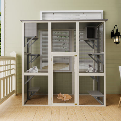 Gray Wooden Outdoor Catio Cat Enclosure with Weatherproof Asphalt Roof, Large Walk-in Cat House with 6 Platforms & 2 Napping Boxes, Solid Wood Cat Cage Kennel Condo Playpen for Patio