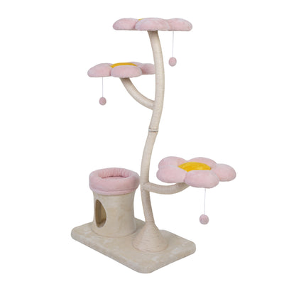 Flower-Shaped Cat Tree, with Blooming Platforms Bed, Condo, and Dangling Toys, Multi-Level Cat Tower for Indoor Cats, Modern, Pink & Beige