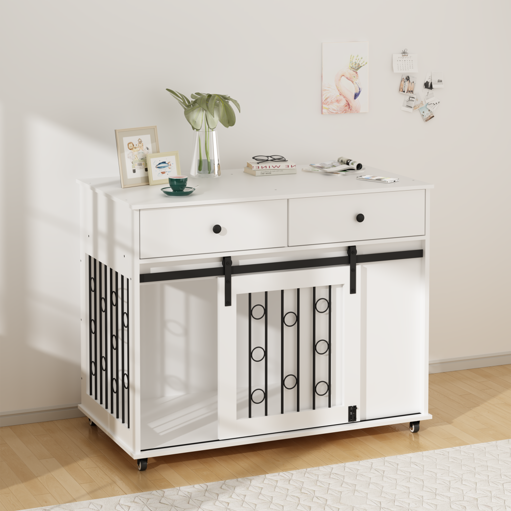 39.37'' Modern Wooden Dog Crate Furniture with Double Drawers and Sliding Barn Door, Decorative Pet Kennel End Table with Lockable Wheels, Stylish Dog Cage for Small to Medium Dogs – White