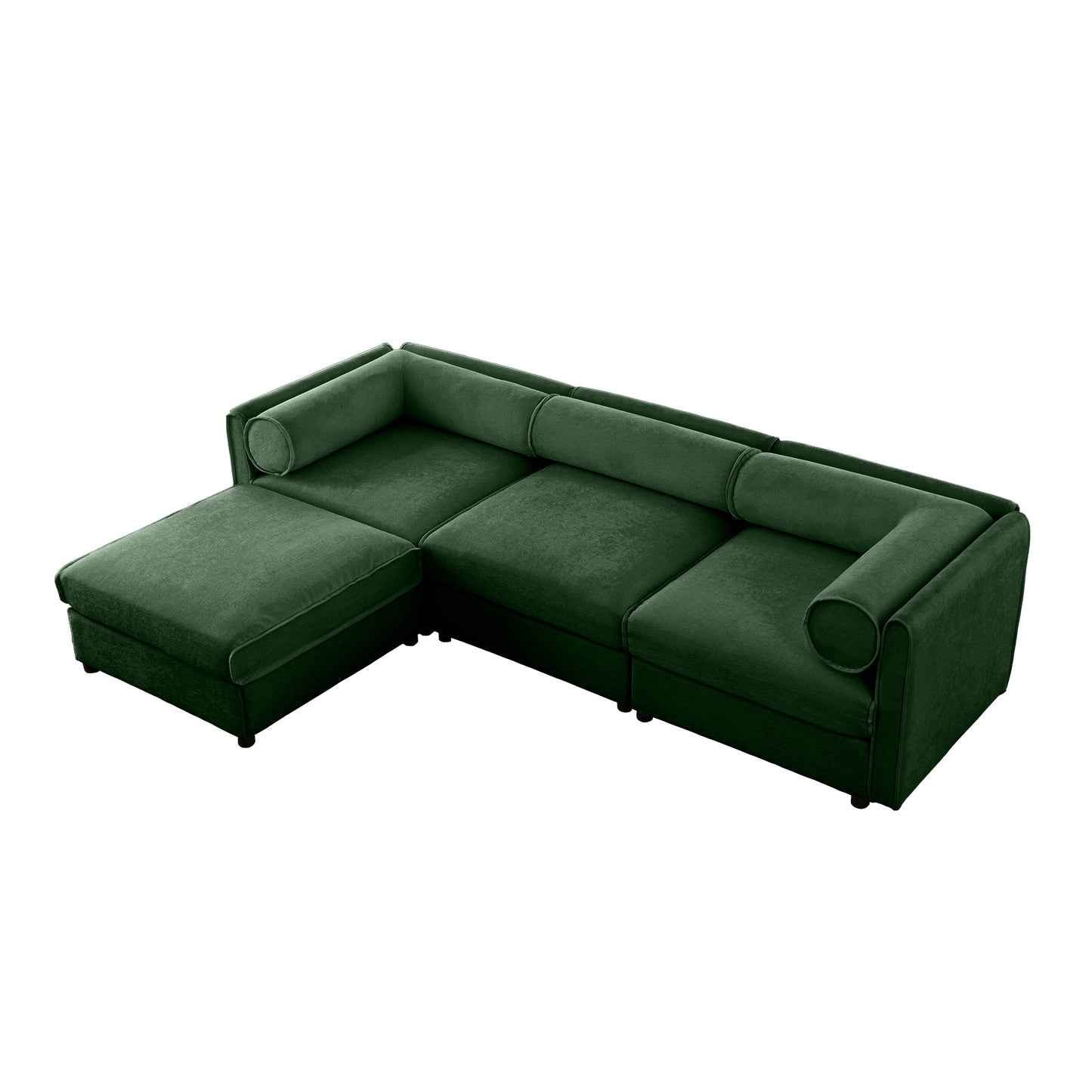 Elegant Green Chenille Sofa with Storage Seat and Ottoman, L-Shaped 3-Seater