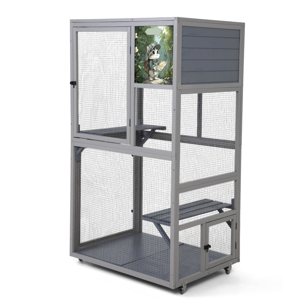 Cat House Catio Outdoor Enclosure with Platforms, 66'' cat condos on Wheels for Outdoor Patio, Dark Gray
