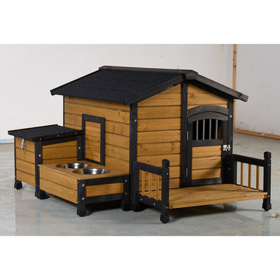 Large Wooden Dog House with Storage Box and Feeding Station, Outdoor Pet Kennel with Asphalt Roof, Porch, and Lockable Door – Weatherproof Fir Wood Dog Home for Small to Medium Dogs