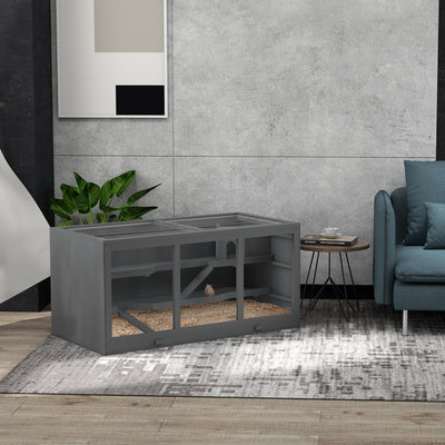 PawHut Extra Large Wooden Hamster Cage, Gerbil Cage, and Other Small Animal Habitat, Hamster Habitat with Opening Roof, Hut, Ramps, Gray