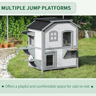PawHut 2-story Cat House Outdoor, Weatherproof Wooden Cat Enclosure for Feral Cats with Escape Door, Openable Roof, Jumping Platforms, White