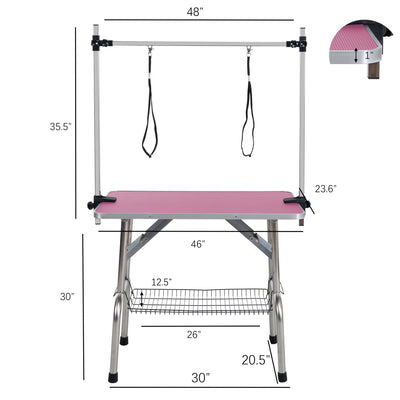 46" Folding Dog Pet Grooming Table Stainless Steel Frame Rubber Mat on Board with Adjustable Arm and Clamps pet dog Cat Grooming Table (PINK COLOR)