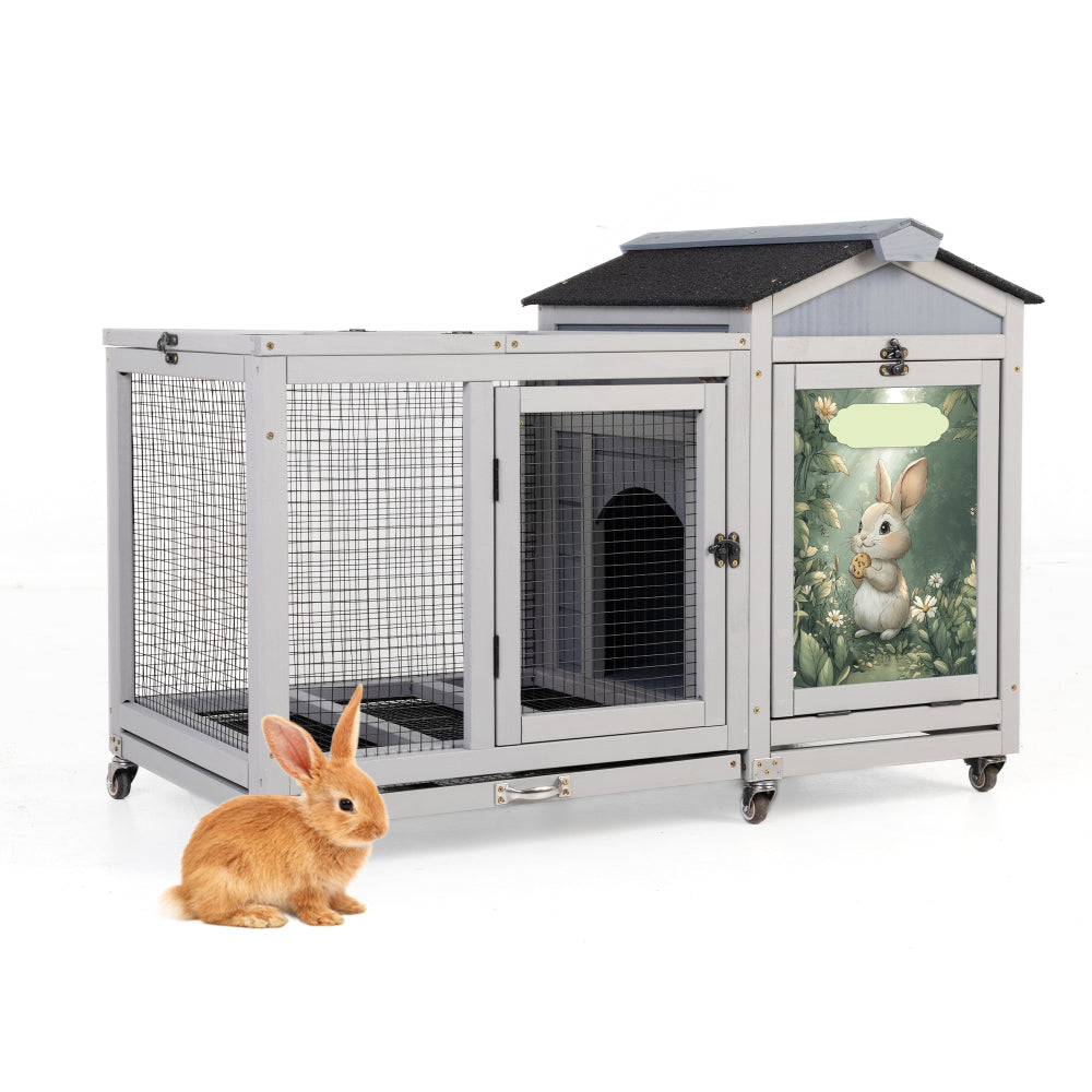 Wooden Rabbit Hutch, Indoor & Outdoor Small Animal House with Casters, Weatherproof Roof, Removable Tray, Bunny Cage Pet House for Rabbits, Ducks, Squirrels, and Guinea Pigs, Grey with Colorful Patter