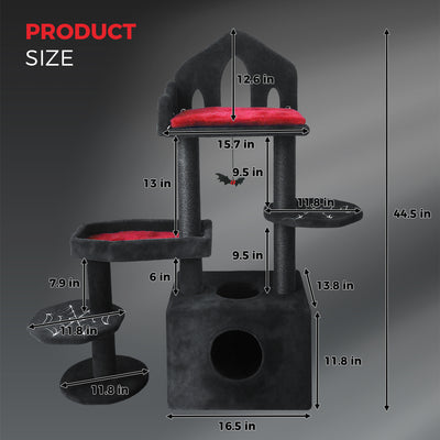 Black Gothic Cat Tree, Multi-Level Spooky Cat Tree with Scratching Posts, Perches, Hammock, and Cat Cave - Black Cat Tower for Indoor Cats with Interactive Toy, Perfect for Multiple Cats 44.5in