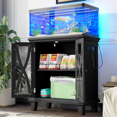 20 Gallon Fish Tank Stand with Power Outlets(4 AC 2 USB), Farmhouse Decorative Aquarium Stand Furniture with Adjustable Shelves, 10-20 Gallon Reptile Turtle Tank Stand with Cabinet Storage, Black