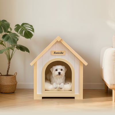 FSC Solid Cedar Pet House – Cream Yellow Cabin Style Indoor Shelter for Small Dogs & Cats