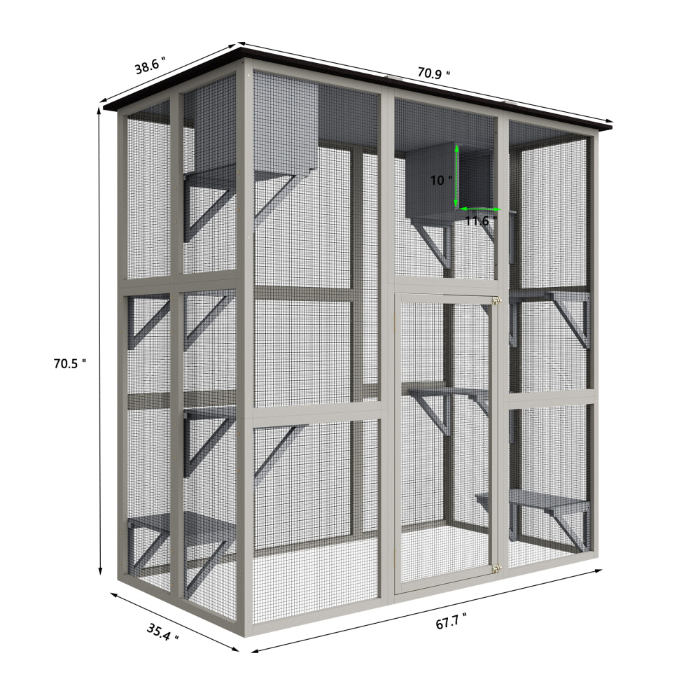 70.9" Gray Wooden Outdoor Catio Cat Enclosure with Weatherproof Asphalt Roof, Large Walk-in Cat House with 6 Platforms & 2 Napping Boxes, Solid Wood Cat Cage Playpen for Patio or Backyard