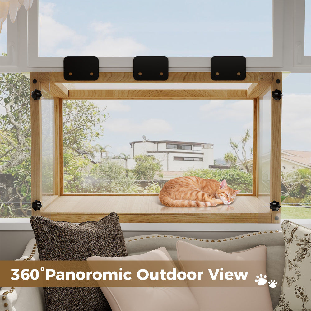 Waterproof Window Cat Perch Catio, Wood Cat Window Box, Window Catio for Indoor Cats. Suitable Single Hanging Window with an Inner Diameter of The Window Frame with A Net Opening Width of 24-35 in