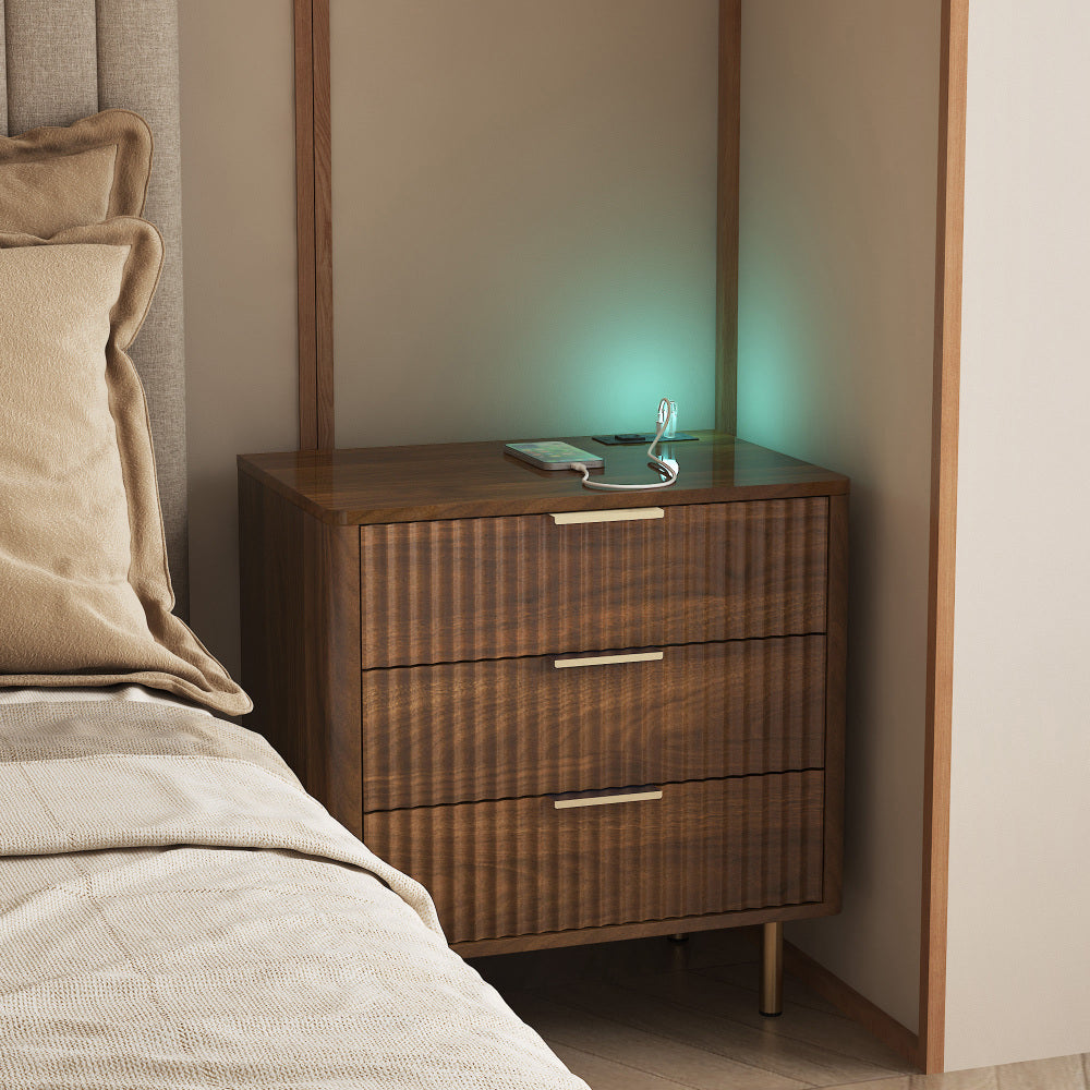 SunJet Nightstand with Charging Station, Smart Nightstand with Night Light, Modern Night Stand with Bookshelf, Bedside Tables with Storage Cabinet for Bedroom, Wood