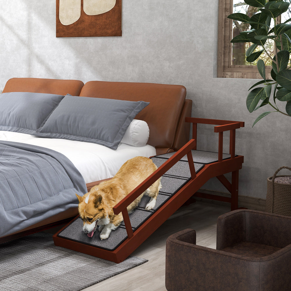 PawHut Dog Ramp, Dog Stairs for Small, Medium & Large Dogs, Pet Ramp for Bed or Couch with Removable Guardrails, Non-Slip Surface, 49" Long, Brown