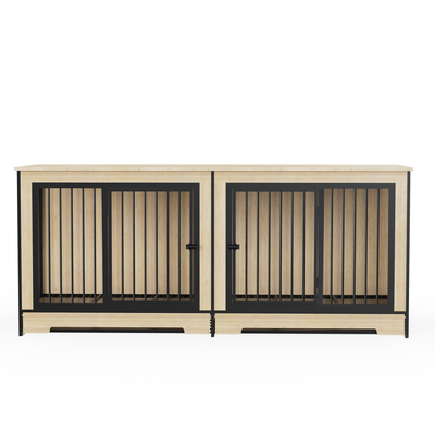 Dog Crate Furniture with Two Combined Room, XL Large Double Dog Cage Furniture with Tray for Medium Large Dogs, Wooden Dog Kennel Furniture