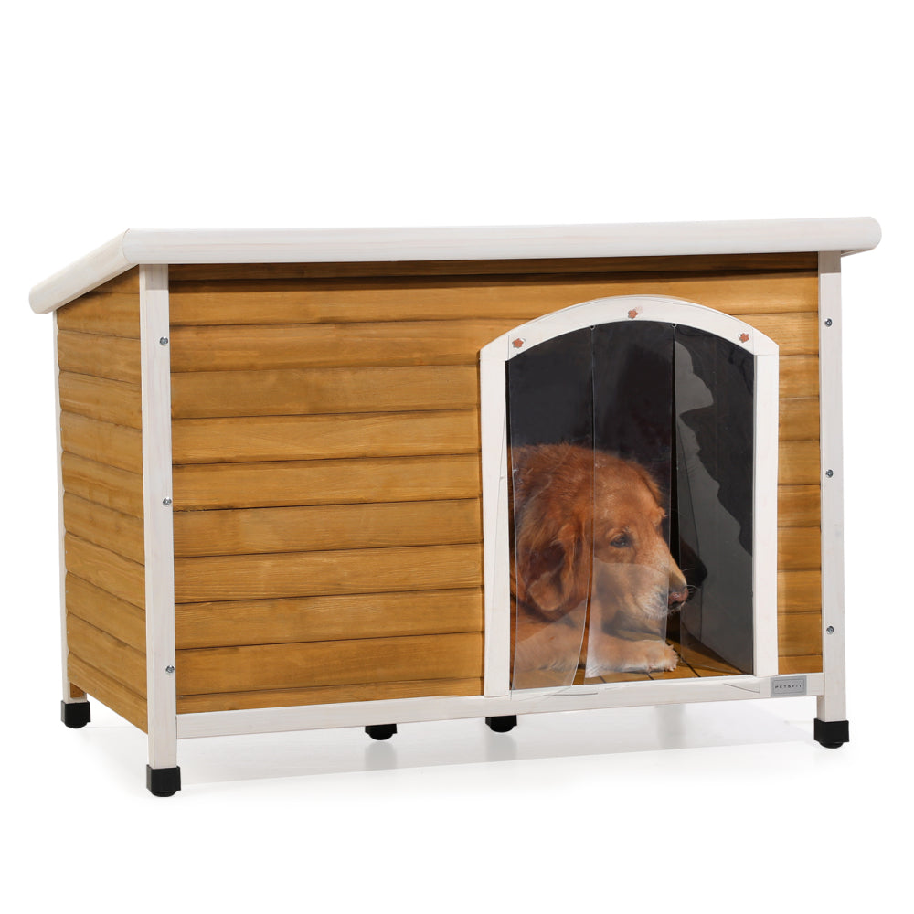 Medium Wooden Outdoor Dog House, Waterproof Roof, Elevated Floor, Adjustable Plastic Feet, Red
