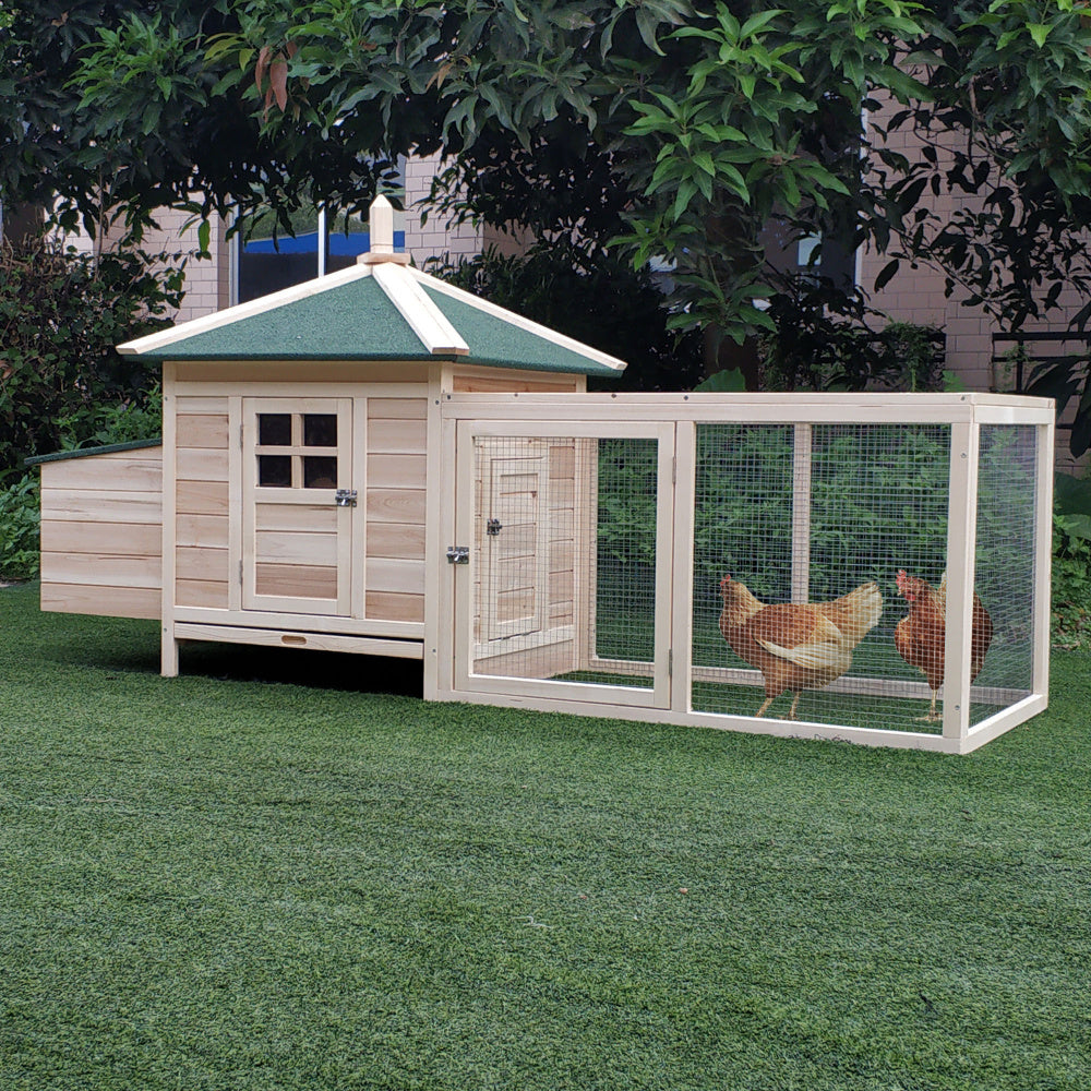 PawHut 77" Wooden Chicken Coop with Nesting Box, Cute Outdoor Hen House with Removable Tray, Ramp Run, for Garden Backyard, Natural