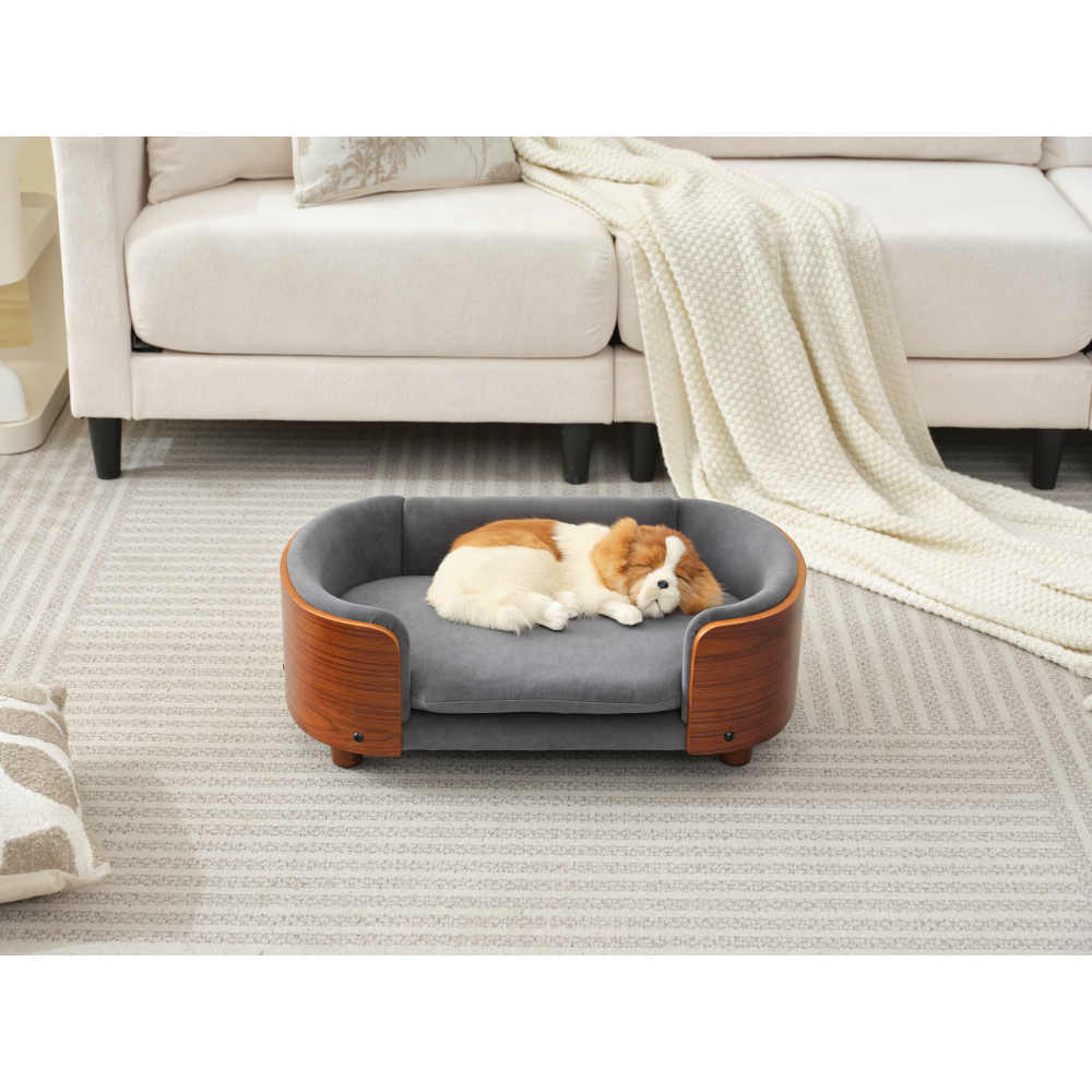 Scandinavian style Elevated Dog Bed Pet Sofa With Solid Wood legs and Walnut Bent Wood Back,Velvet Dark Blue,Small Size