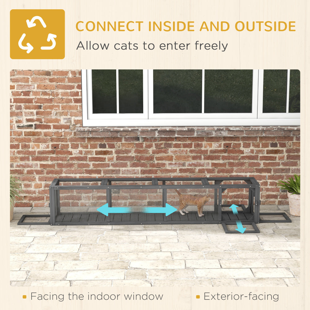 PawHut Outdoor Cat Tunnel with Extendable Design, 79" L Wooden Cat Run with Weather Protection, Connecting Inside and Outside, for Deck Patios, Balconies, Dark Gray