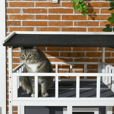 PawHut Wooden Outdoor Cat House, Feral Cat Shelter Kitten Tree with Asphalt Roof, Escape Doors, Condo, Jumping Platform, Grey