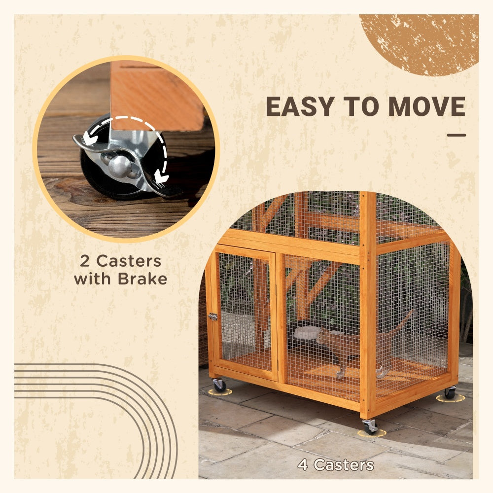 PawHut 74" Wooden Outdoor Cat House Weatherproof & Wheeled, Catio Outdoor Cat Enclosure with High Weight Capacity, Kitten Cage Condo, Orange