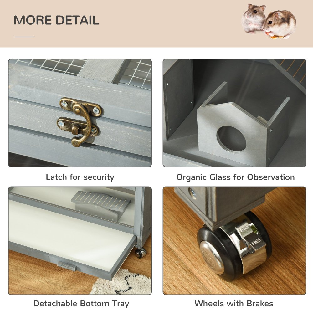 Wooden 3-Tier Hamster Cage Hutch Box with Ladder Wheels, Dark Gray